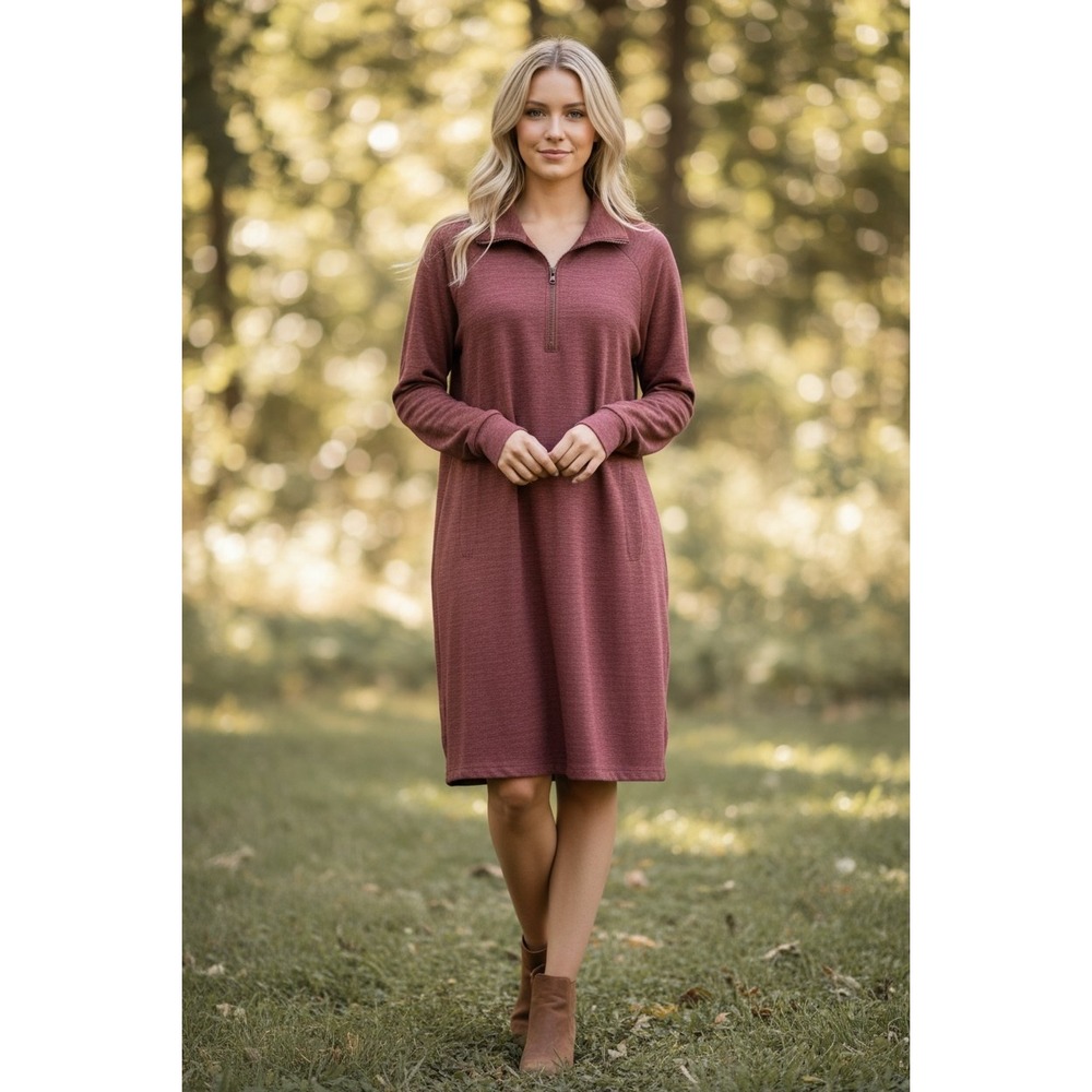 Toad&Co Womens Large Piru Quarter Zip Dress Clay Red Heathered Tunic Pocket L